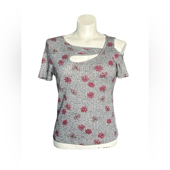 Ricki's Gray Red Floral Cold Shoulder Tee Size Small - Picture 1 of 5